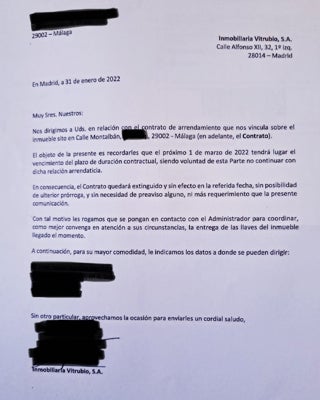 Carta a uno de los vecinos informando del vencimiento del contrato