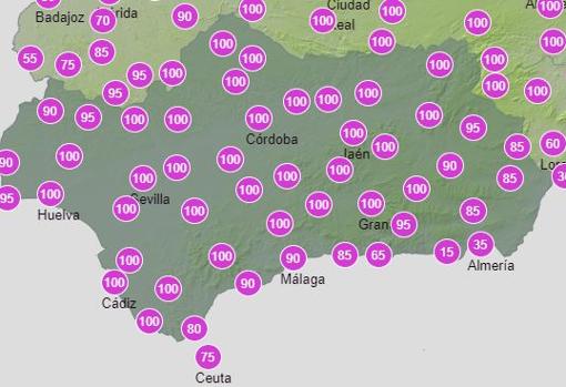 Mapa de probabilidad de lluvia para este viernes en Andalucía