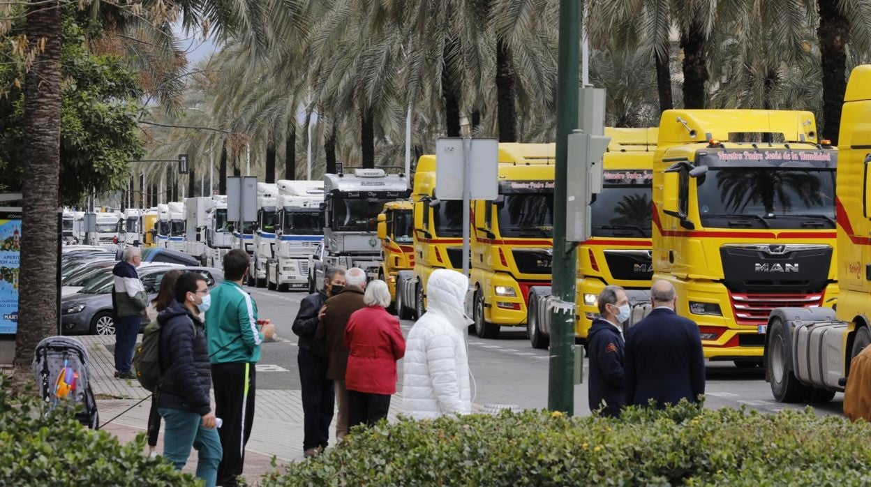 Varias personas, ayer observando el paso de la caravana de los transportistas manifestándose por Córdoba