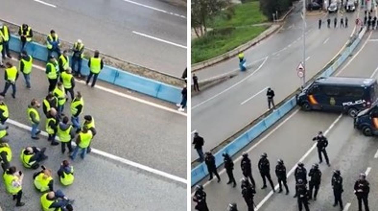 Transportistas y policías nacionales, en la protesta de este miércoles en Algeciras