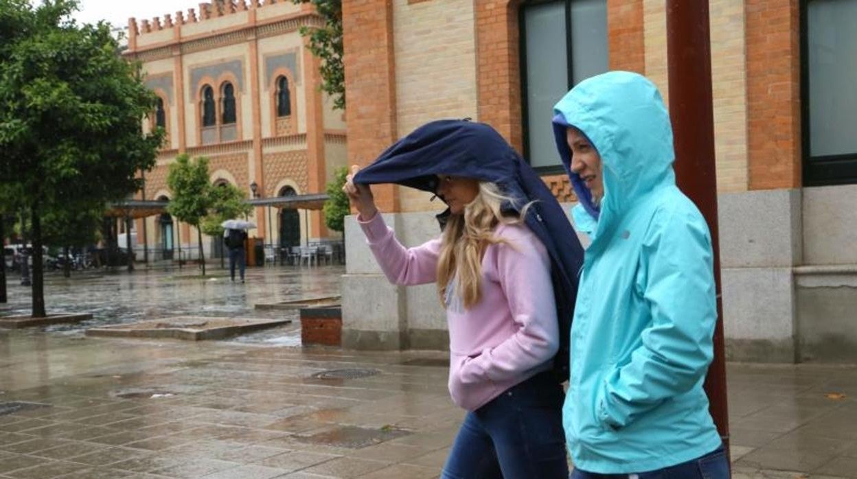 Dos jóvenes pasean por Sevilla resguardadas de las lluvias