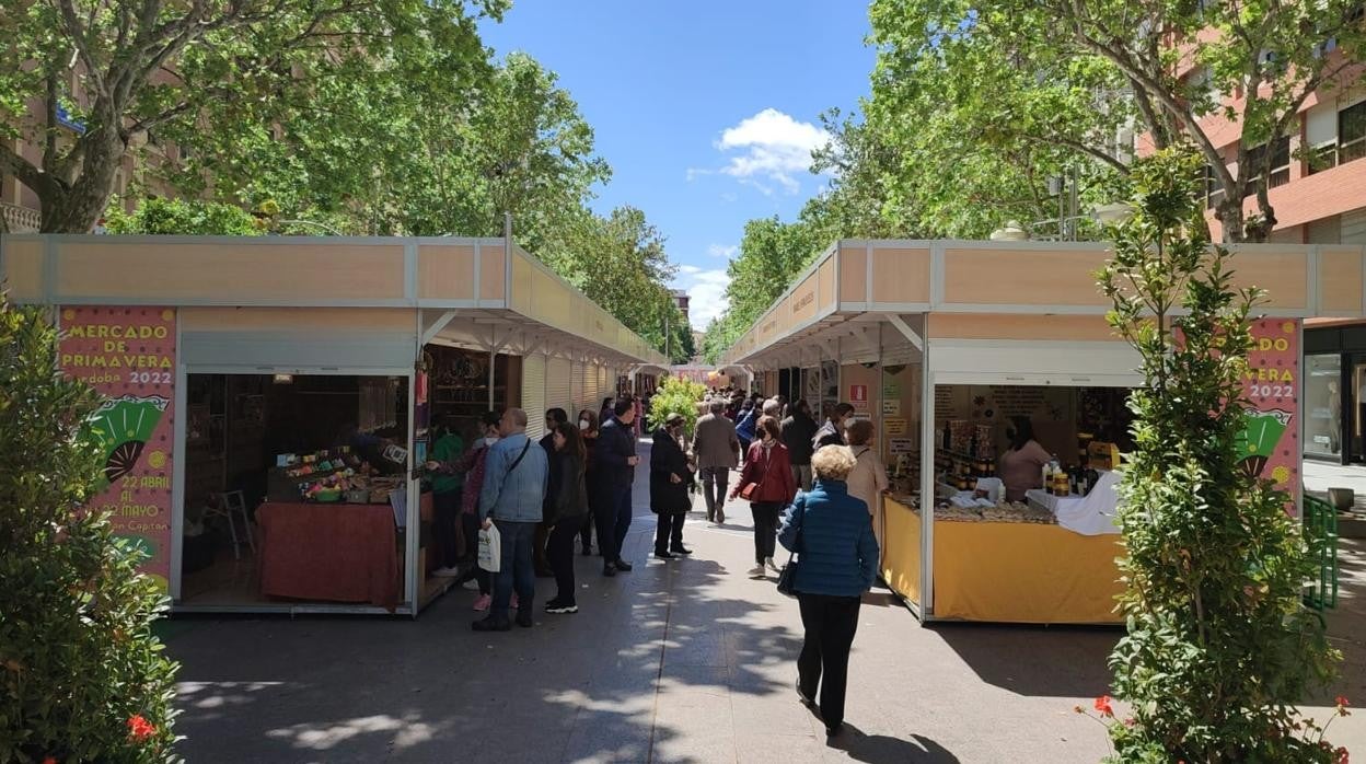 Los puestos que conforman el Mercado de la Primavera en el Bulevar del Gran Capitán de Córdoba