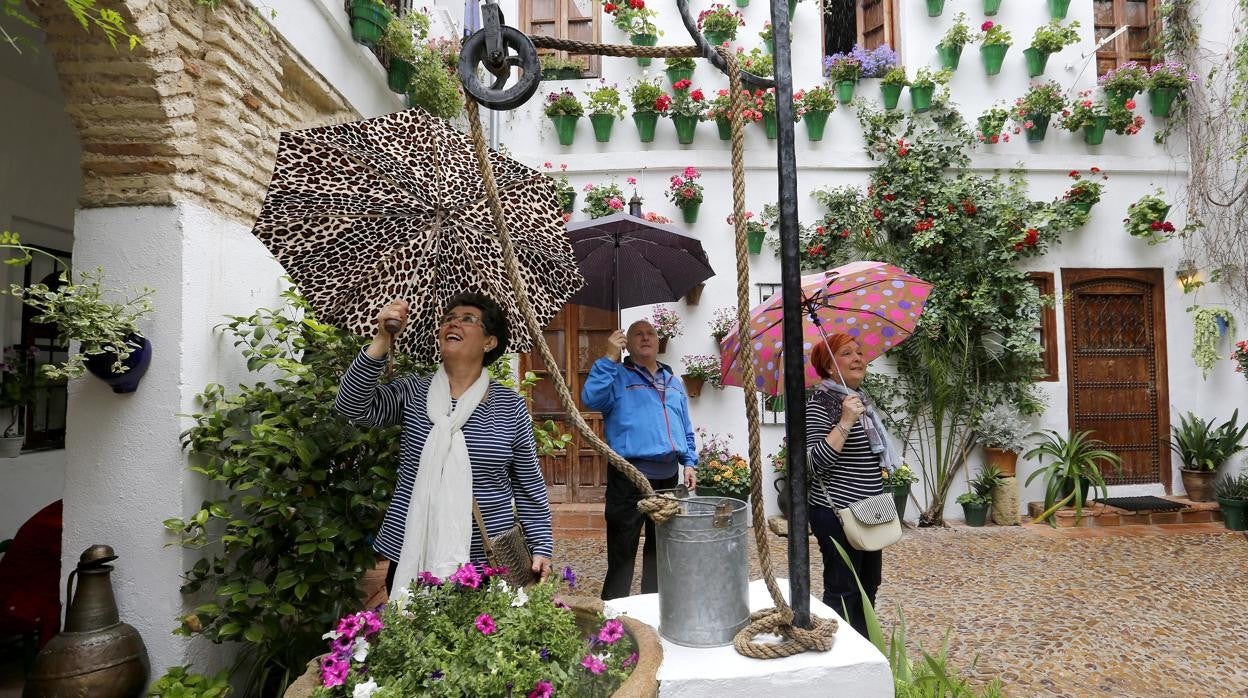 Visitantes de los Patios de Córdoba con paraguas durante una visita