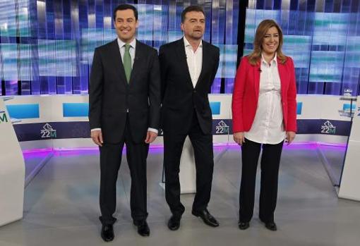 Nuevas caras en la política andaluza: Juan Manuel Moreno, Antonio Maíllo y Susana Díaz, antes del debate televisado en Canal Sur previo a las elecciones de 2015