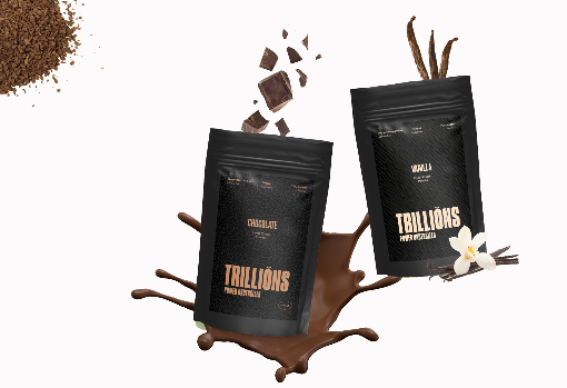 Proteína en polvo de chocolate y vainilla distribuidos por la marca española Trillions.