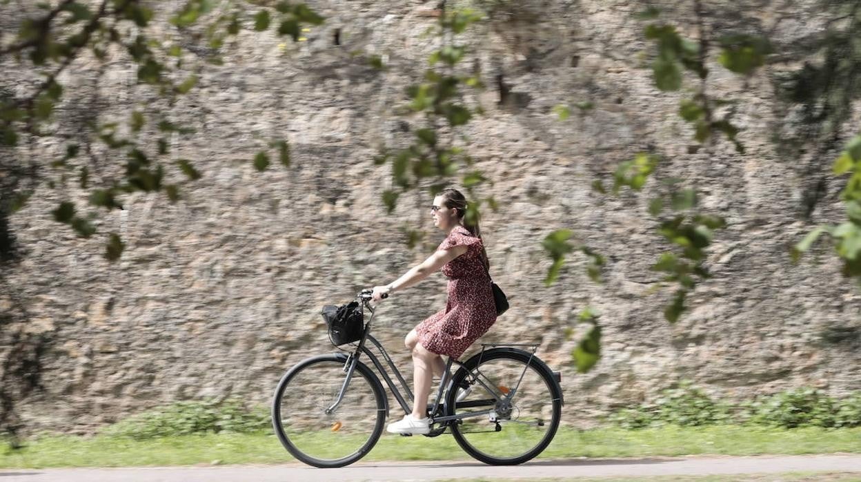 Una ciclista transita por el cauce del río Turia en Valencia, una de las capitales volcadas con la Misión Climática.