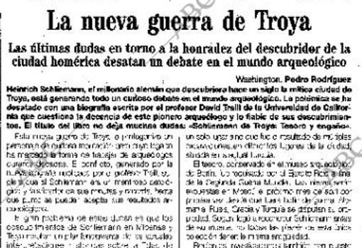Artículo de 1996 en el que se informaba sobre las dudas surgidas acerca de los descubrimientos de Schliemann