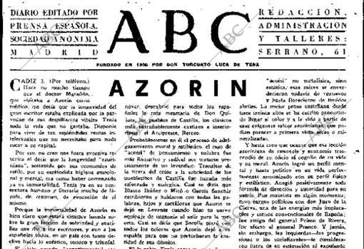 La Tercera de José María Pemán sobre Azorín, el día que murió