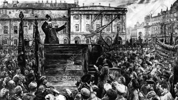 Lenin, en un dibujo de la época , durante un discurso ante los soldados del Ejército soviético
