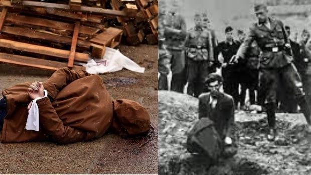 El cadáver de un ucraniano tirado en la calle, junto a una imagen del genocidio nazi en Ucrania, en 1941
