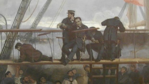 Detalle del cuadro de Antonio Muñoz Degrain sobre el momento en que Méndez Núñez fue herido en el Callao