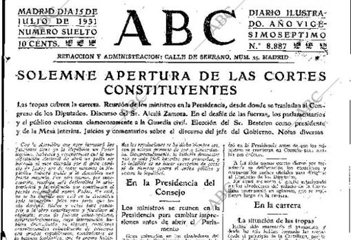 Crónica sobre la primera sesión de las cortes en la Segunda República, el 15 de abril de 1931