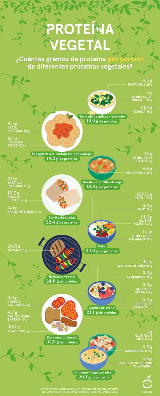 Infografía de platos vegetales y su cantidad de proteína