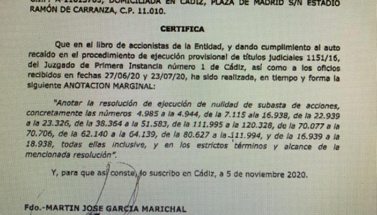 Estracto de la anotación marginal de las acciones de Sinergy en el libro de socios del Cádiz CF.