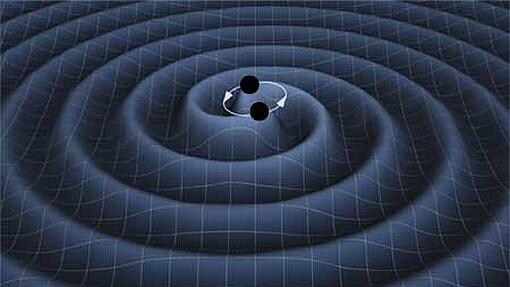 Recreación artística de ondas gravitacionales de dos agujeros negros en órbita
