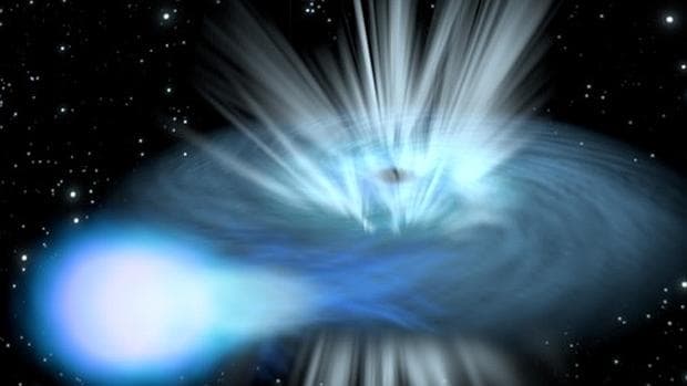 La ilustración muestra cómo un misterioso objeto (un agujero negro o una estrella de neutrones) absorbe vorazmente el material de su estrella compañera.
