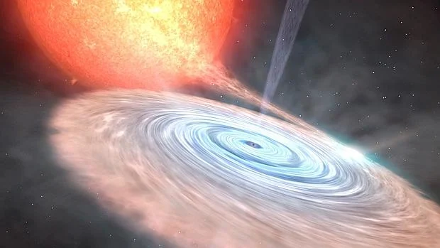 Representación artística de V404 Cygni, un agujero negro que está absorbiendo a su estrella vecina a 8.000 años luz de distancia