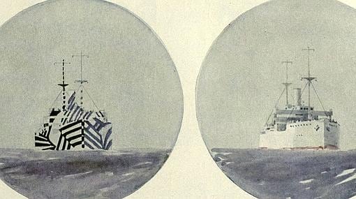 Ilustración de 1922 mostrando la efectividad del camuflaje distorsionador bajo la observación de un periscopio enemigo