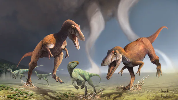 Dos ejemplares de Gualicho shinyae persiguen a otro dinosaurio