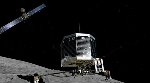 Representación de la misión Rosetta, con la sonda orbitadora del mismo nombre al fondo, y el pequeño módulo de aterrizaje Philae, en el centro