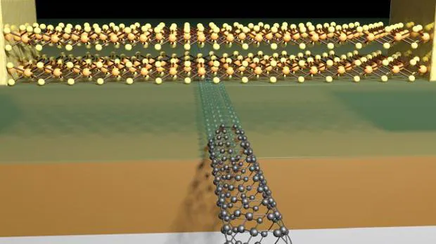 Esquema del nuevo transistor. Su puerta mide solo un nanómetro, cuando los más pequeños medían cinco veces más. Una bactería típica tiene un grosor de 500 nanómetros