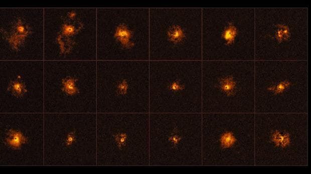 Imagen de 18 de los 19 halos fotografiados en torno a galaxias activas muy lejanas y luminosas (cuásares)