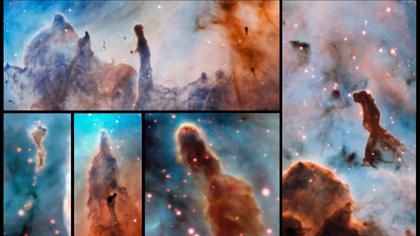 La región R44 dentro de la nebulosa de Carina, a 7.500 años luz de distancia. Las estrellas masivas que están dentro de la región de formación estelar destruyen lentamente los pilares de polvo y gas de los que nacen