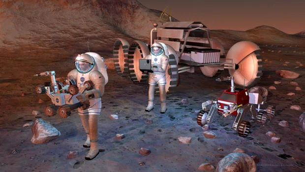 Recreación artística de astronautas en Marte