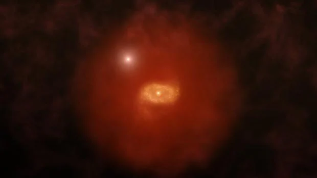 Recreación artística de una de las galaxias primitivas rodeada de su halo gigantesco de gas. Al fondo brilla el cuasar