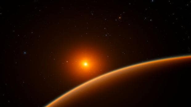 La ilustración muestra el nuevo planeta LHS 1140 b en órbita de una enana roja