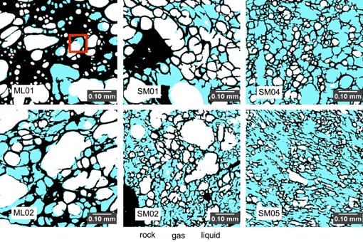 Microtomografía de rayos X del interior de las piedras. Las rocas más calientes, a la derecha, guardan menos gas