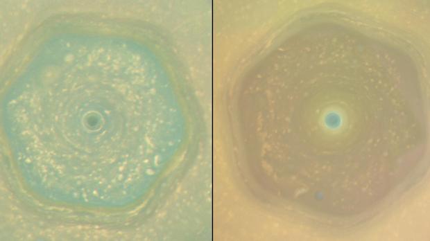 Las imágenes en color natural de la nave espacial Cassini comparan el aspecto del polo norte de Saturno en junio de 2013 (izquierda) y en abril de 2017 (derecha)