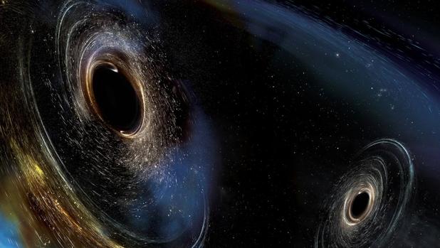 La ilustración muestra dos agujeros negros en proceso de fusión, como los detectados por LIGO