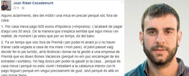 Captura del mensaje publicado por Joan Ribet en Facebook que después fue eliminado