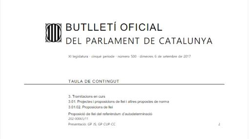 Forcadell en persona publica la propuesta de ley del referéndum en el boletín del Parlament