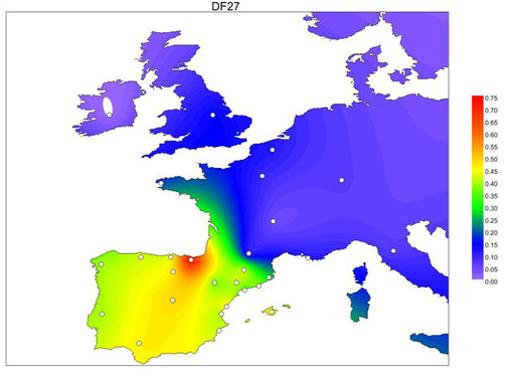 Frecuencias de la variante DF27 en poblaciones ibéricas y europeas