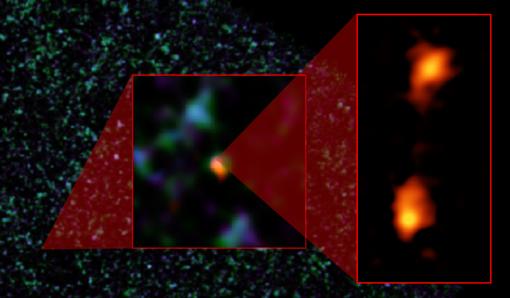 Composición del par de galaxias ADFS-27. La imagen de fondo es del Observatorio Espacial Herschel de la ESA; la imagen central fue obtenida con el telescopio del Experimento Atacama Pathfinder (APEX); y la imagen de la derecha con ALMA, que pudo identificar las dos galaxias, ADFS-27N (norte) y ADFS-27S (sur)