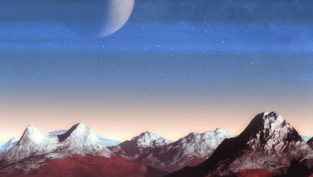 Recreación de Caronte, luna de Plutón, vista a través de las capas de bruma atmosférica del planeta enano sobre su paisaje montañoso
