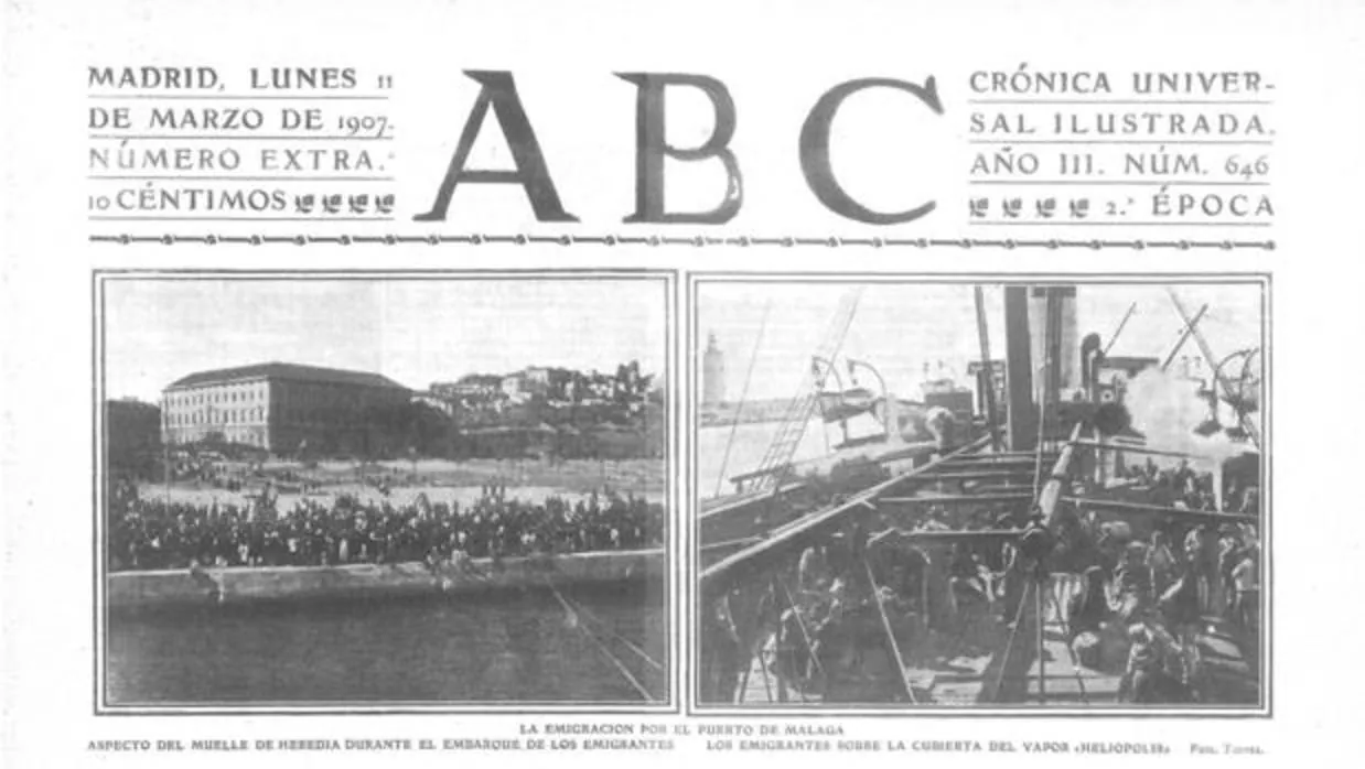 Portada de ABC en el 11 de marzo de 1907 en la que se relata la partida de inmigrantes españoles a bordo de SS Heliópolis desde el puerto de Málaga