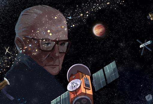 Imagen de Arthur C. Clarke delante de un cinturón de satélites y máquinas geoestacionarias