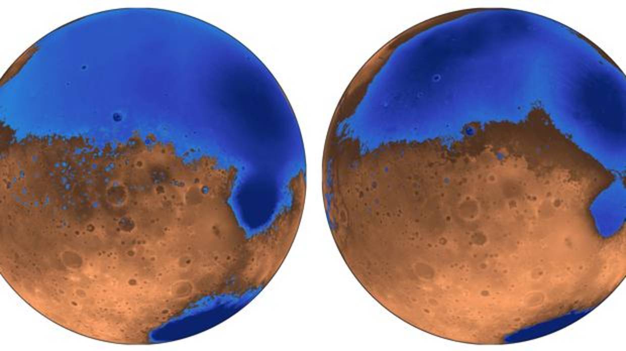 Arabia, a la izquierda, y Deuteronilus, a la derecha. Tharsis está en la cara oculta de Marte, en la fotografía