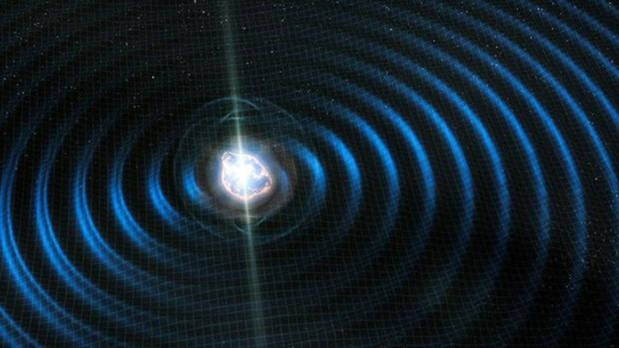 La ilustración muestra la luz y las ondas gravitacionales emitidas por la colisión de dos estrellas de neutrones, detectada en 2017