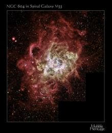 El vivero estelar NGC 604, donde los sistemas de estrellas están muy cerca y se cree que es posible el intercambio de asteroides. El asteroide emigró de su estrella madre y se estableció alrededor del Sol en un entorno similar