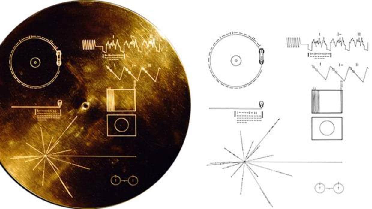 Portada del disco dorado de una e las sondas. Contiene instrucciones para reproducirlo y la posición del Sistema Solar (abajo, a la izquierda), en relación con 14 púlsares