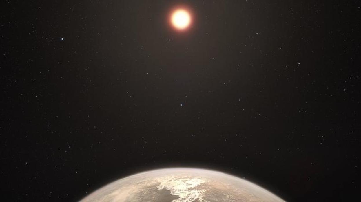 El planeta templado Ross 128 b, con su estrella madre enana roja de fondo