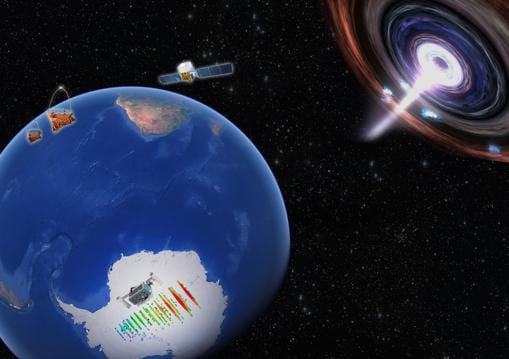 En esta representación artística, se muestra un poderoso blazar como origen del neutrino IceCube IC170922. El observatorio Fermi en el espacio y los telescopios MAGIC en la Tierra detectaron rayos gamma de alta energía de la misma fuente