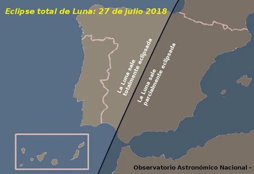La fase total del eclipse lunar será visible desde toda España. Pero en la parte oriental la Luna emergerá del horizonte antes de que comience esta etapa