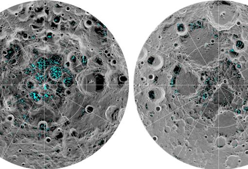 Mapa de la distribución del hielo de agua en el polo sur (izquierda) y polo norte (derecha)