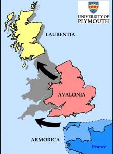 Este gráfico muestra cómo las antiguas masas de tierra de Laurentia, Avalonia y Armórica habrían chocado para crear los países de Inglaterra, Escocia y Gales