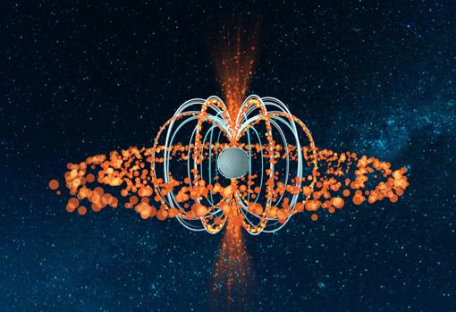 Representación artística de Sw J0243: en teoría, el campo magnético es tan intenso que impide que el material del disco de acreción llegue hasta la superficie del púlsar. Eso impide la formación del chorro. Pero estas observaciones dicen que dicha estrella sí tiene un chorro